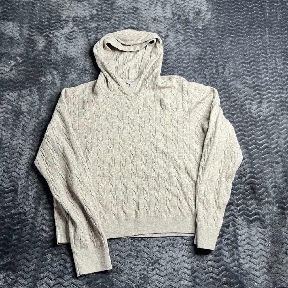 UNIQLO Womens Large Beige Cableknit Hooded Sweater Hoodie Lightweight Pullover